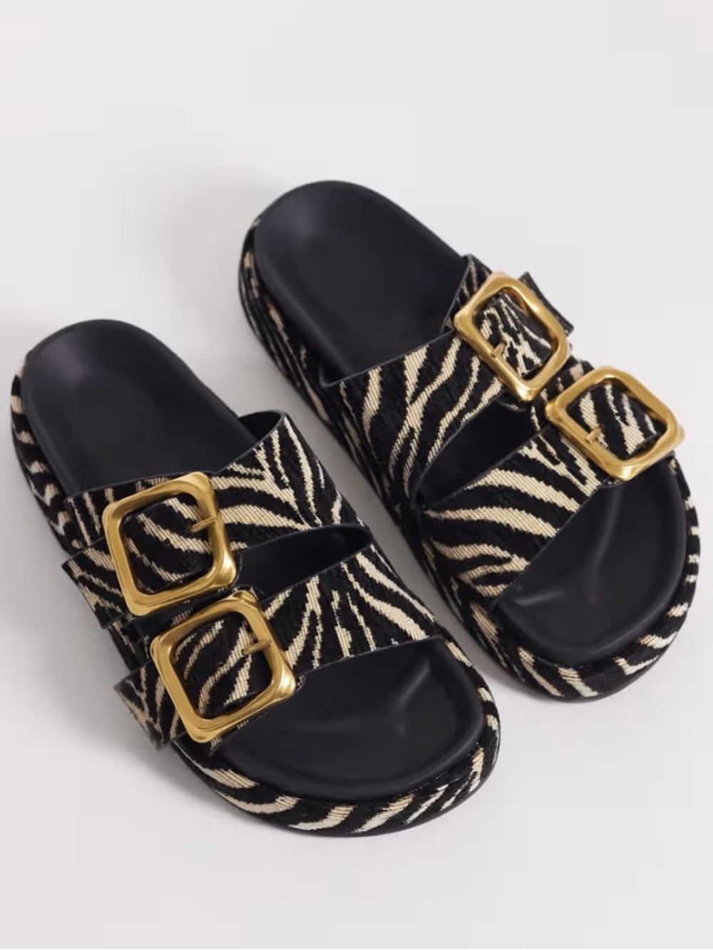 ASOS Black and Cream Zebra-Print Slide Sandals with Gold Buckles